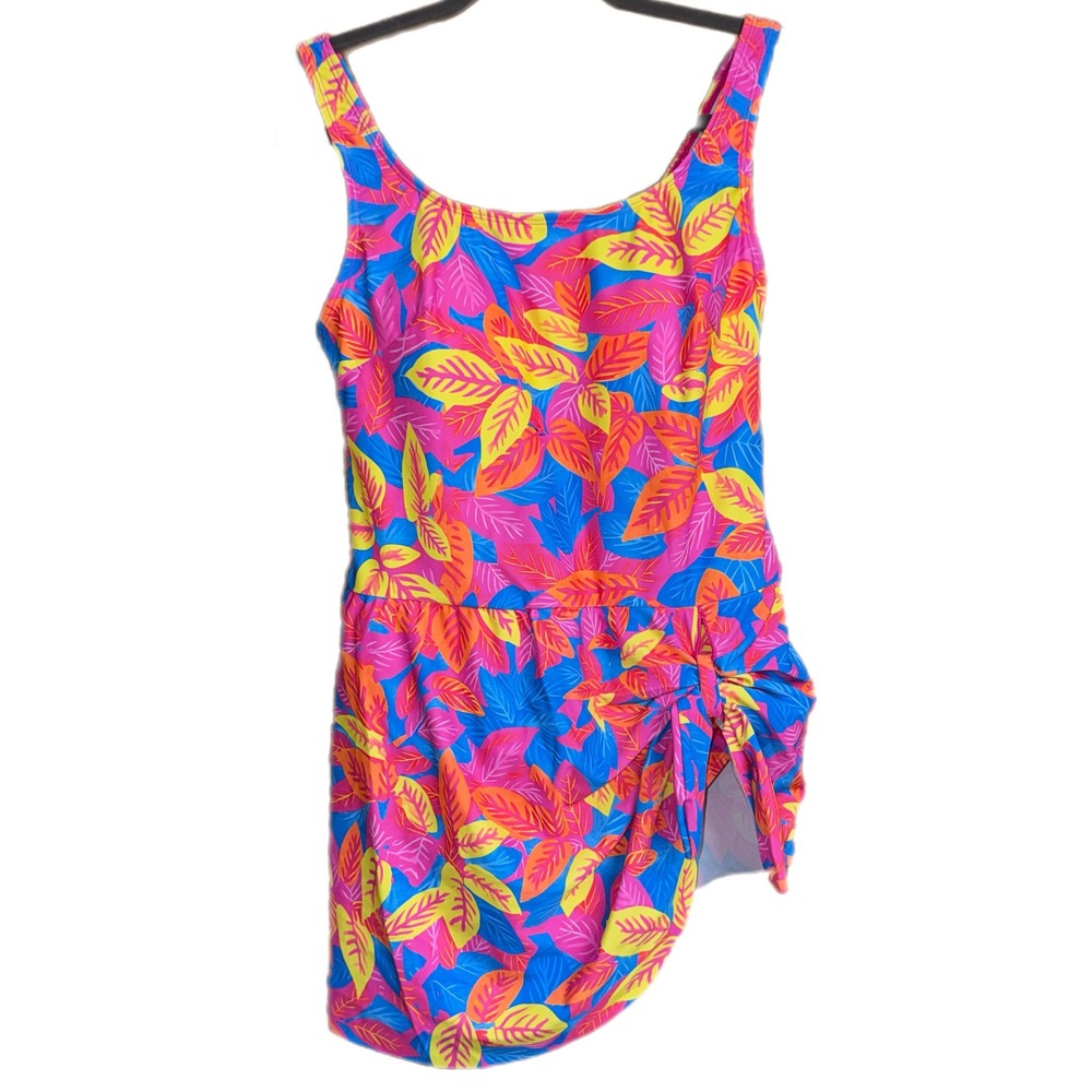 Tropical Leaf Print Swim Dress Pink Blue Orange Asymmetrical Sarong Swimsuit L